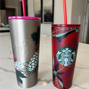 Starbucks Winter and Holiday Floral Logo Tumbler — Silver / Pink & Red Set